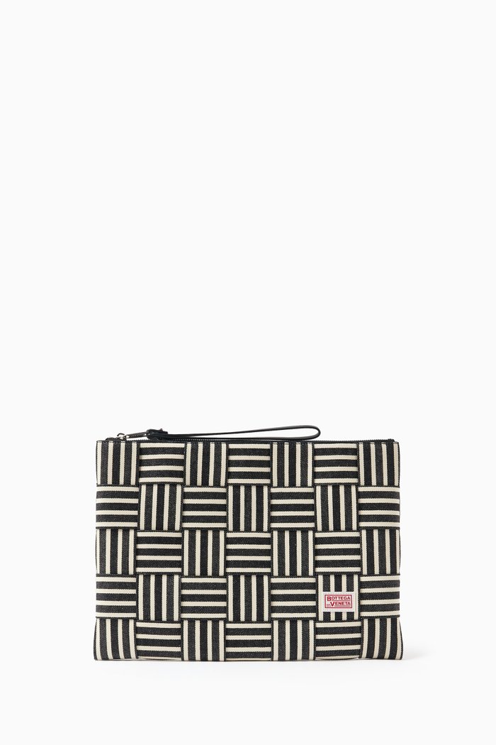 

Large Cassette Flat Pouch in Intreccio Hickory Denim, Blue