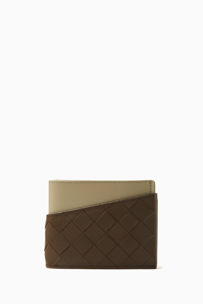Oblique Bi-fold Wallet in Intrecciato Leather, Brown