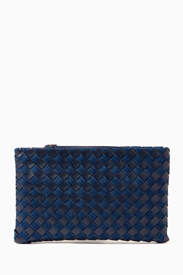 

Medium Zipped Pouch in Intrecciato Denim & Leather, Blue