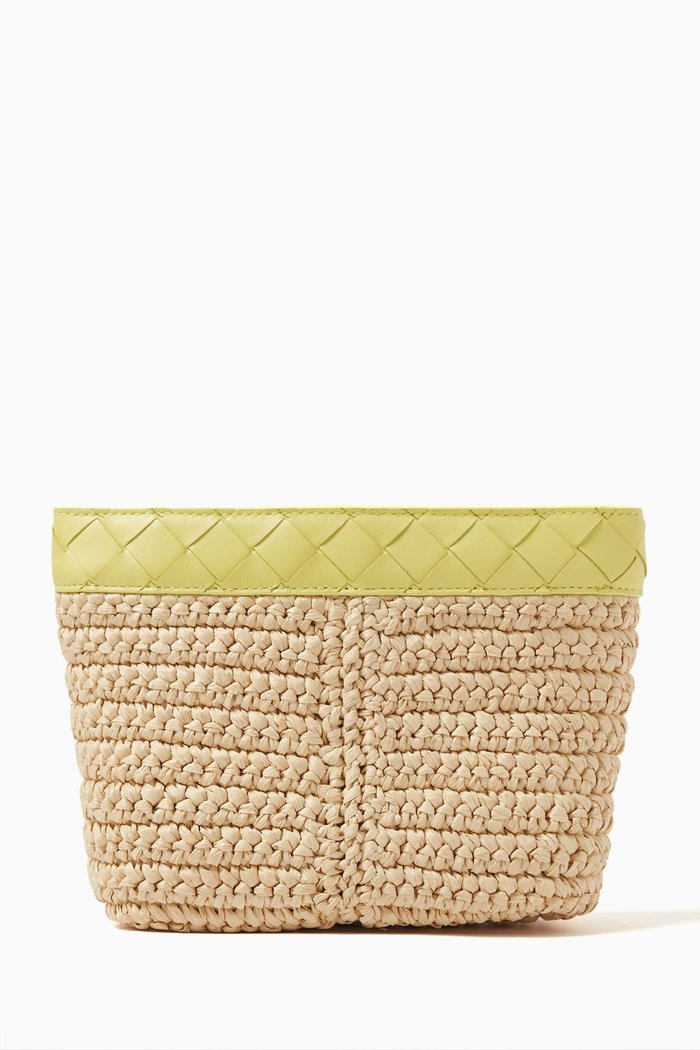 

Flip Flap Prism Pouch in Leather & Raffia, White