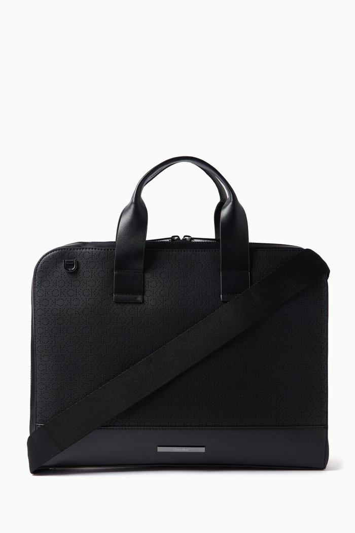 

Modern Slim Logo Laptop Bag in Faux Leather, Black
