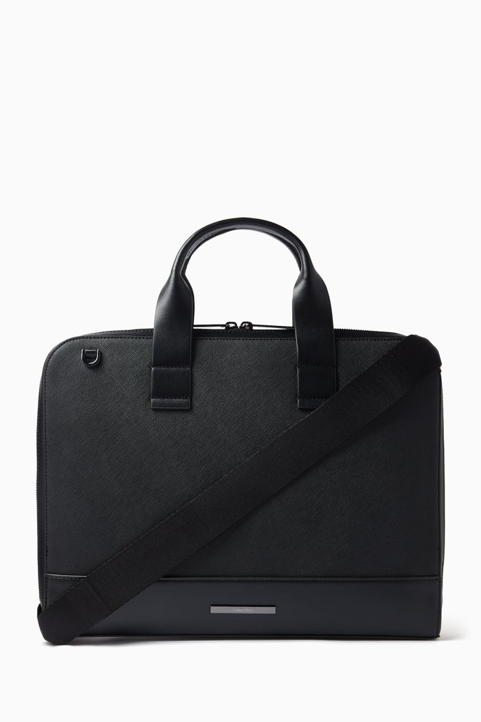 

Modern Slim Logo Laptop Bag in Faux Leather, Black