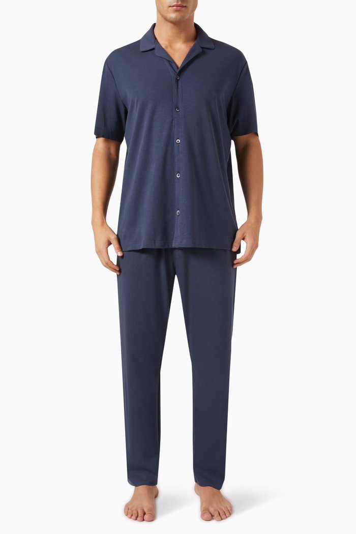 

Logo Embroidered Pyjama Set in Cotton-blend, Blue