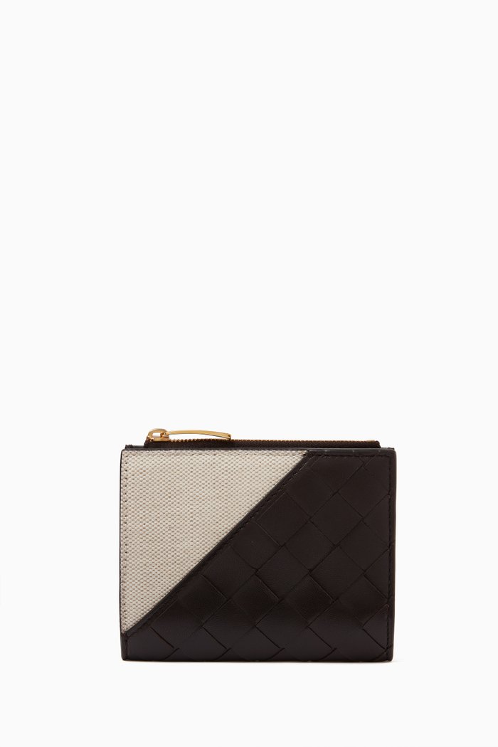 

Small Diagonal Bi-Fold Zip Wallet in Intreccio Leather, Brown