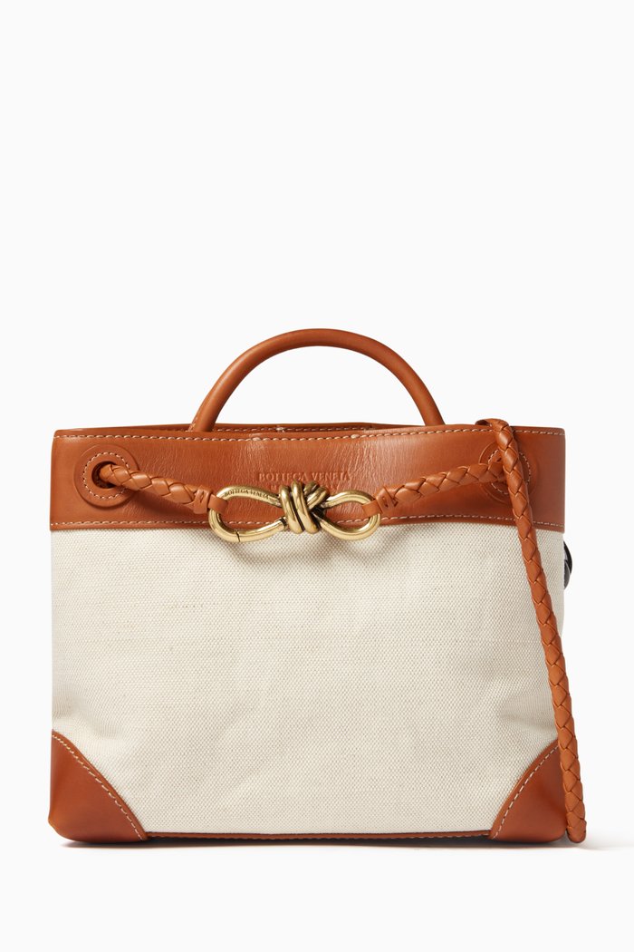 

Small Andiamo Top Handle Bag in Leather & Canvas, White