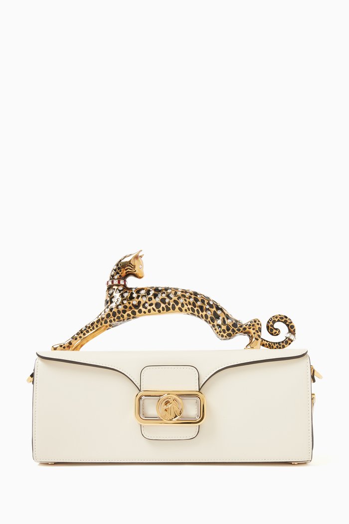

Rhinestone-embellished Pencil Clasp Box Bag in Leather, Neutral