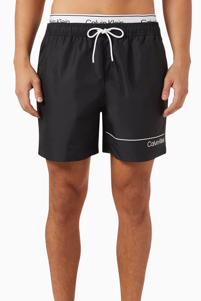 

Double Waistband Swim Shorts in Recycled Polyester, Black