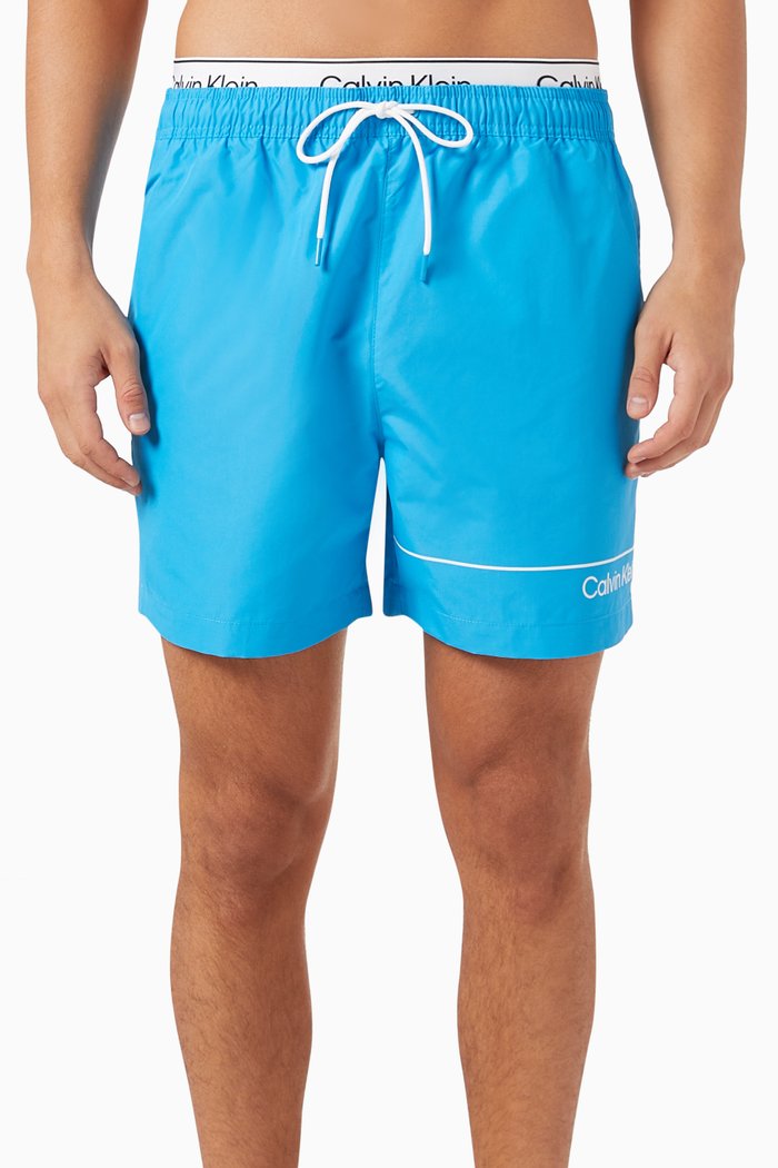 

Double Waistband Swim Shorts in Recycled Polyester, Blue