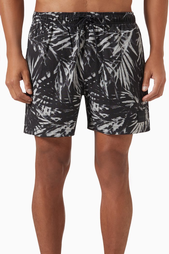 

Printed Medium Drawstring Swim Shorts, Black