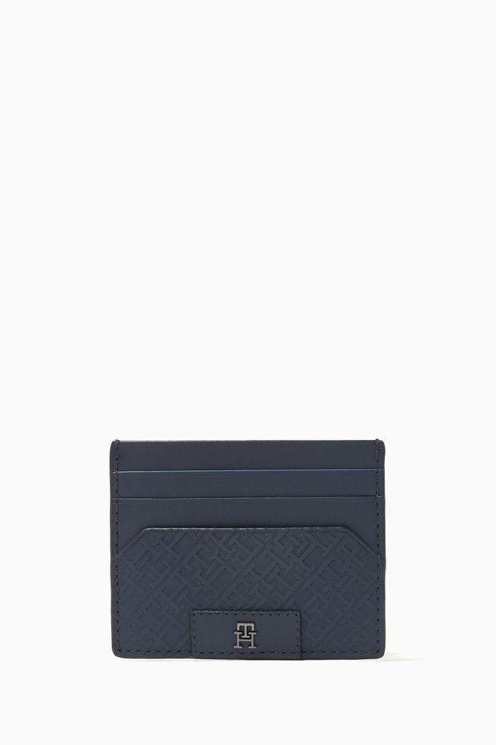 Logo Credit Card Holder in Leather, Blue