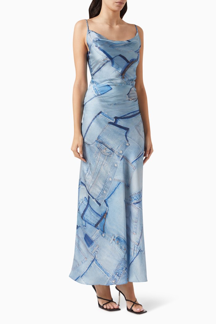 Denim-print Maxi Dress in Satin, Blue
