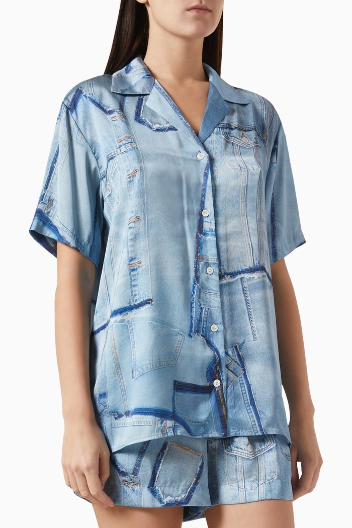 

Denim-print Oversized Cuban Shirt, Blue