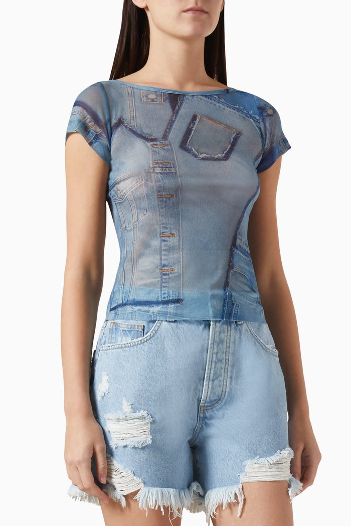 Denim-print Top in Sheer-mesh, Blue
