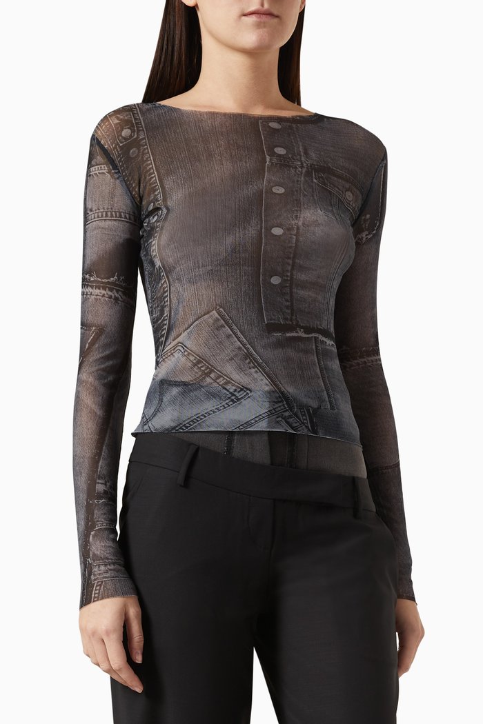 Denim-print Top in Sheer-mesh, Grey