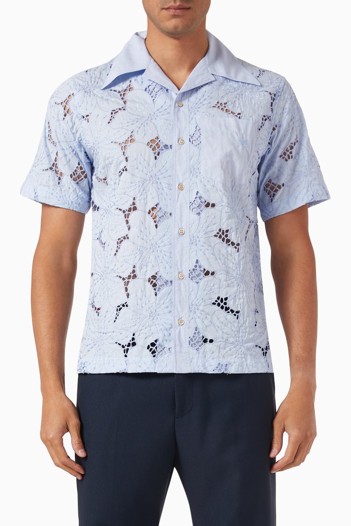 Highlife Bowling Shirt in Cotton Blend, Blue