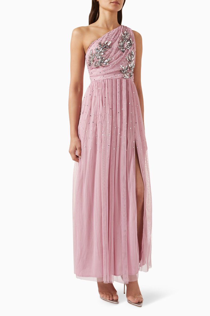 

One-shoulder Embellished Maxi Dress in Tulle, Pink