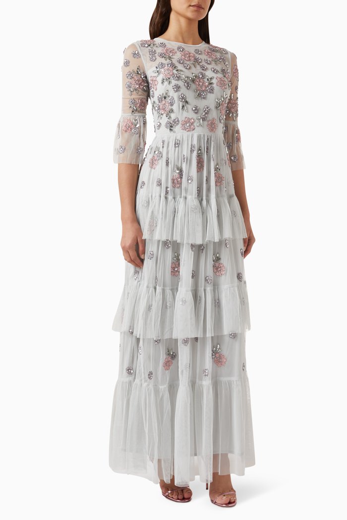 

Embellished Ruffled Maxi Dress in Tulle, Grey