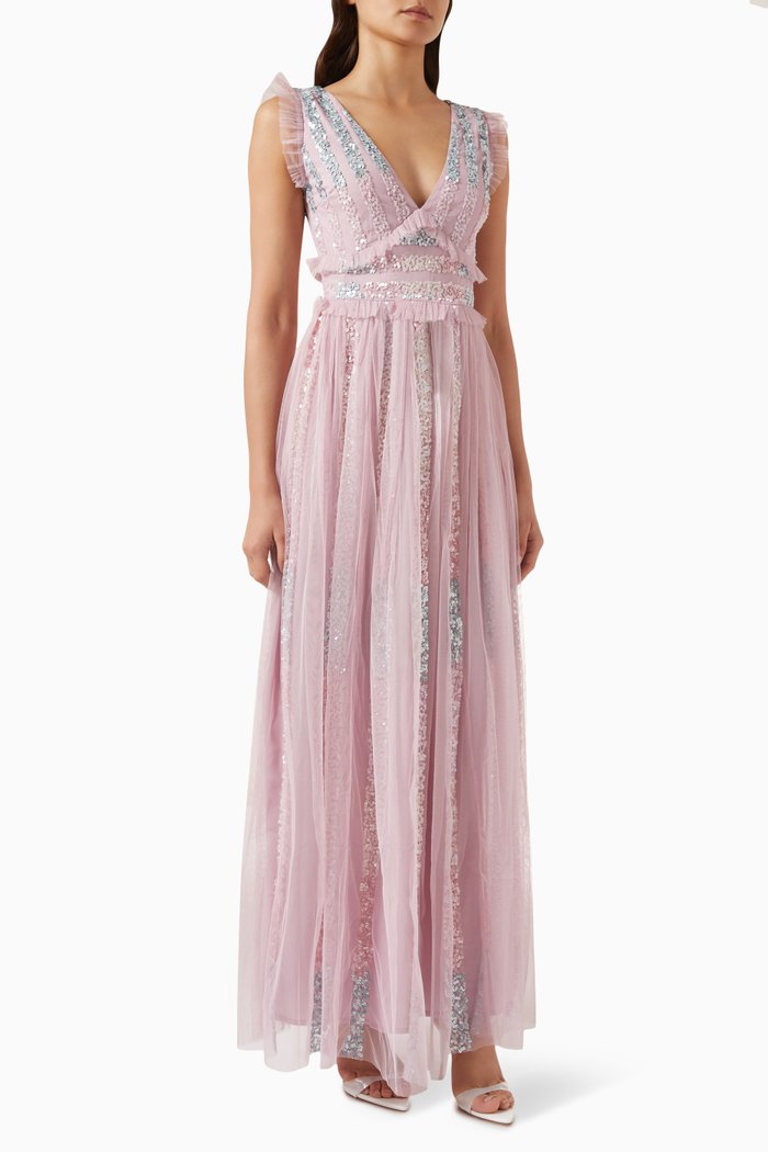 

Embellished Ruffled-trim Maxi Dress in Tulle, Pink