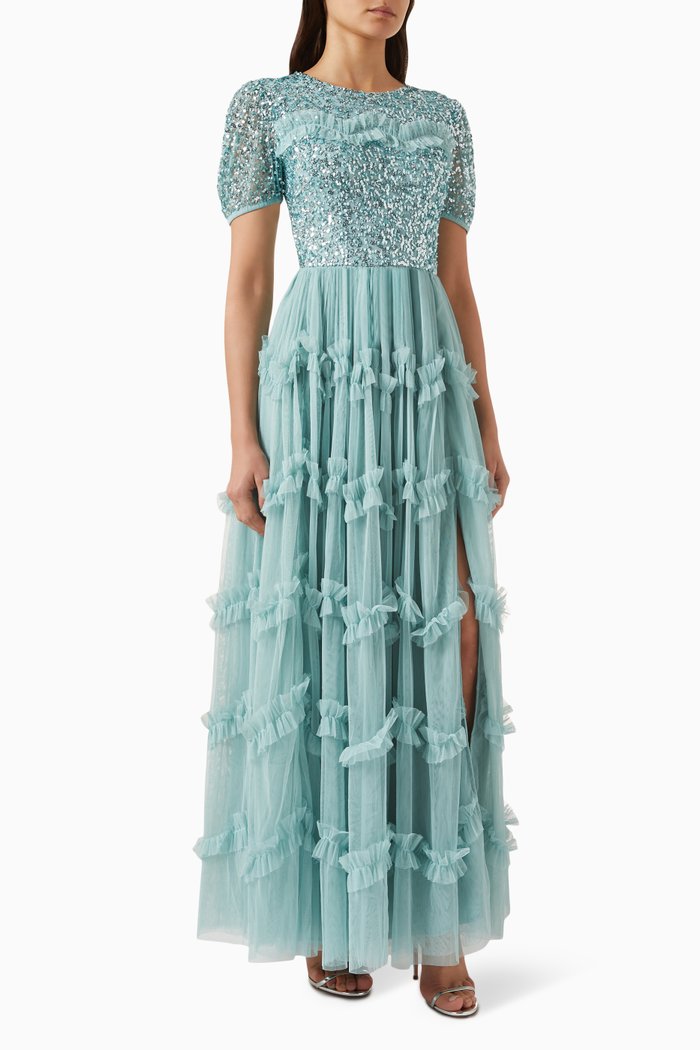 

Sequin Bodice Ruffled-trim Maxi Dress in Tulle, Blue