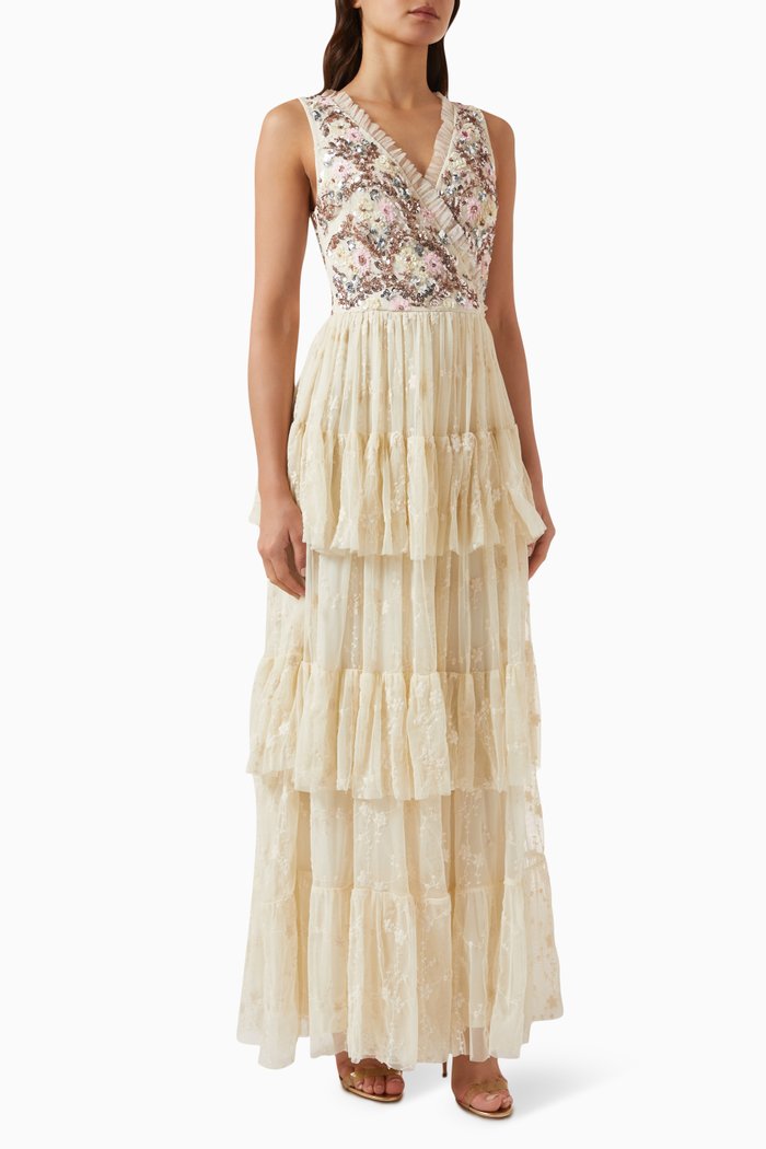 

Floral Embellished Wrap Maxi Dress in Tulle, Neutral