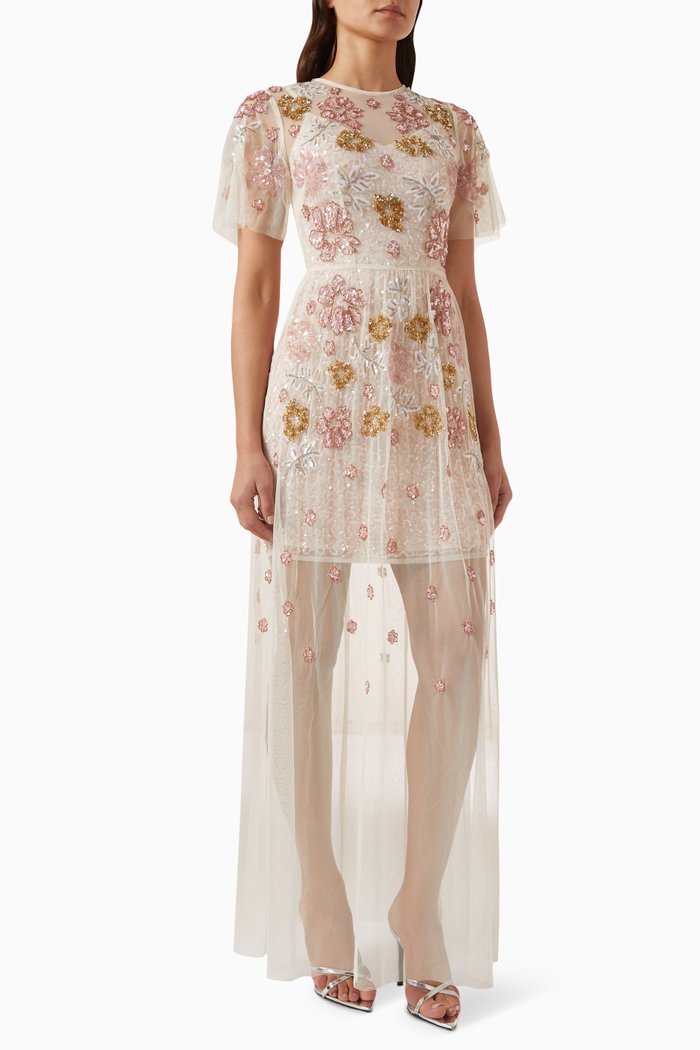 

Floral Embellished Mini Dress in Tulle, White