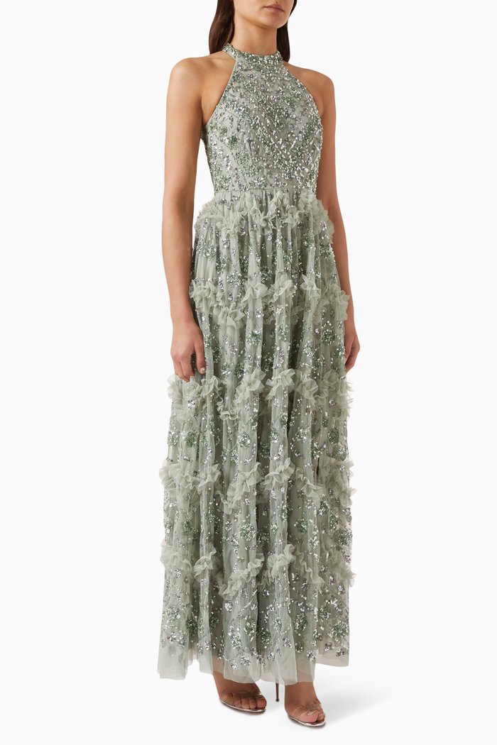 

Sequin-embellished Halterneck Maxi Dress, Green