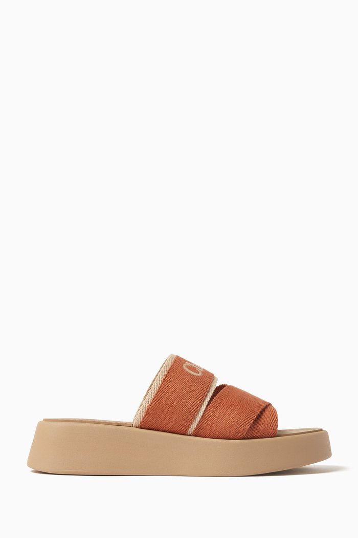 

Mila Slides in Embroidered Linen, Brown