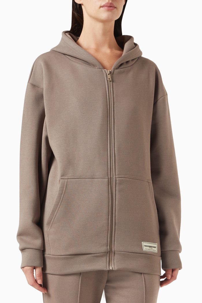 Oversized Zip Hoodie in Organic Cotton, Brown