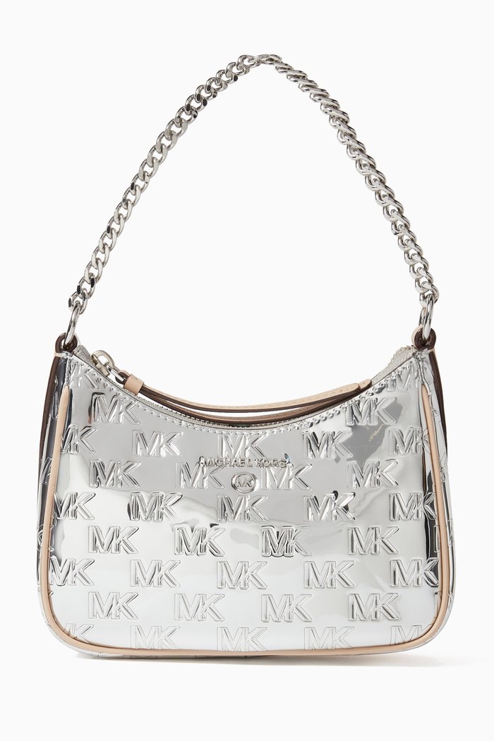 

Small Charm Pouchette Bag in Patent Faux Leather, Silver