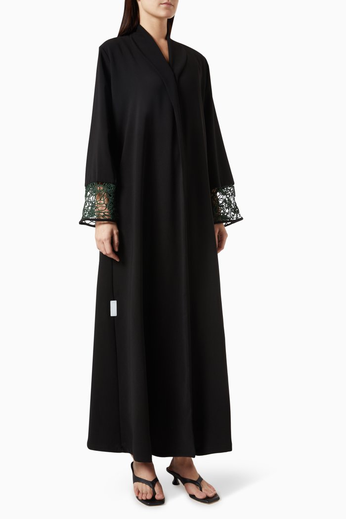 

Zainah Cut Abaya in Polycrepe & Lace, Black