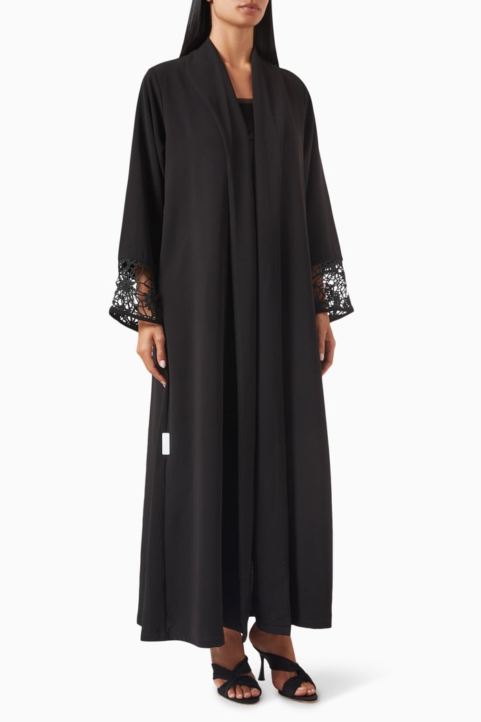 

Zainah Cut Abaya in Polycrepe & Lace, Black