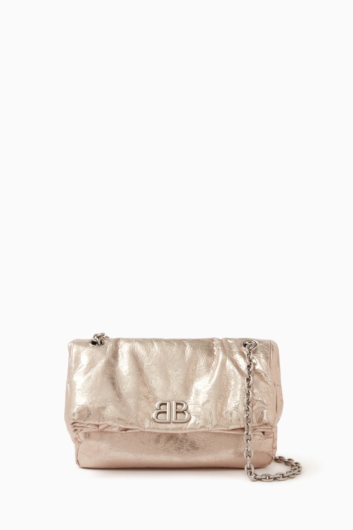 

Small Monaco Chain Bag in Metallized Arena Calfskin, Neutral
