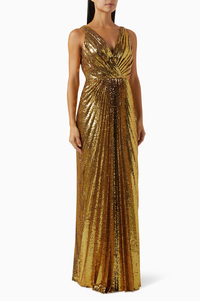 

Sequin-embellished Plisse Dress, Gold