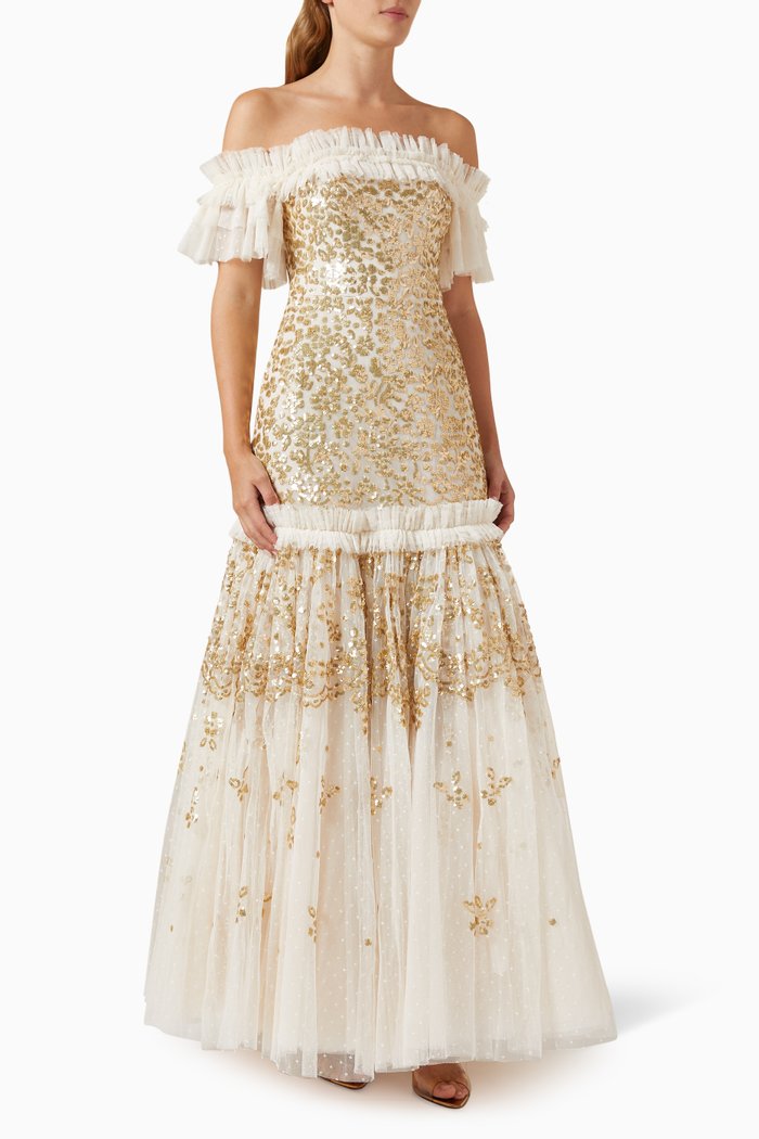 

Regal Rose Off-shoulder Gown in Tulle, Gold