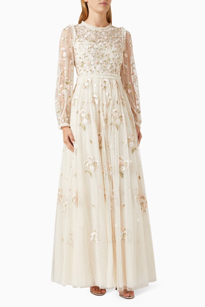 

Posy Floral-embellished Gown in Tulle, Neutral