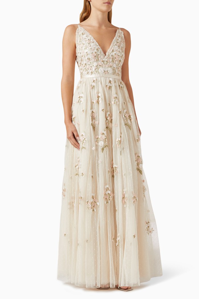 Posy Floral-embellished Cami Gown in Tulle, Neutral