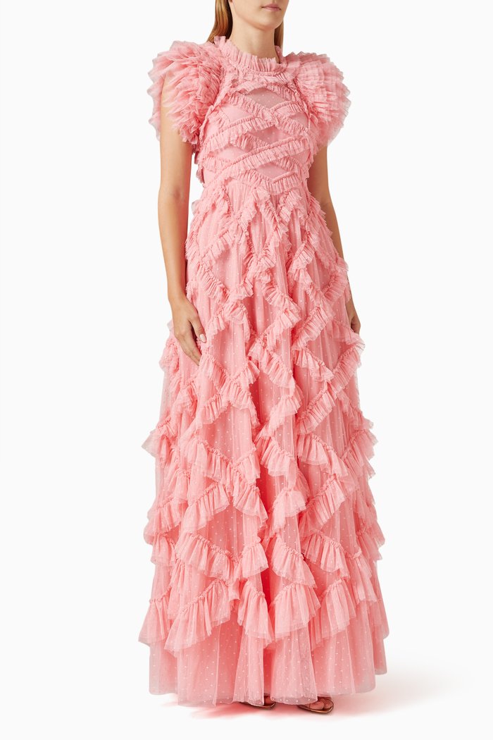 Genevieve Ruffled Gown in Tulle, Orange