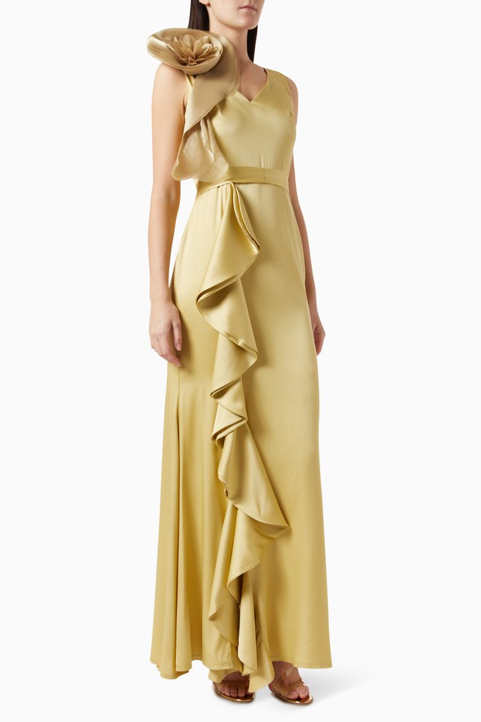

3D Flower Maxi Dress, Gold