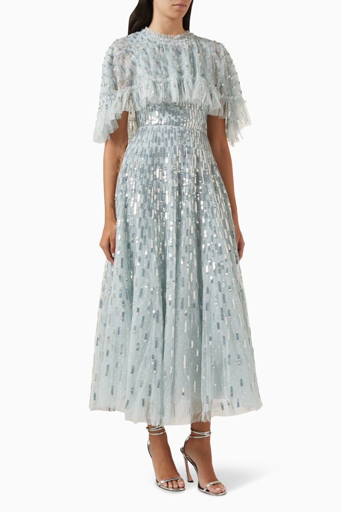 

Sequin Dash Cape Gown in Tulle, Blue