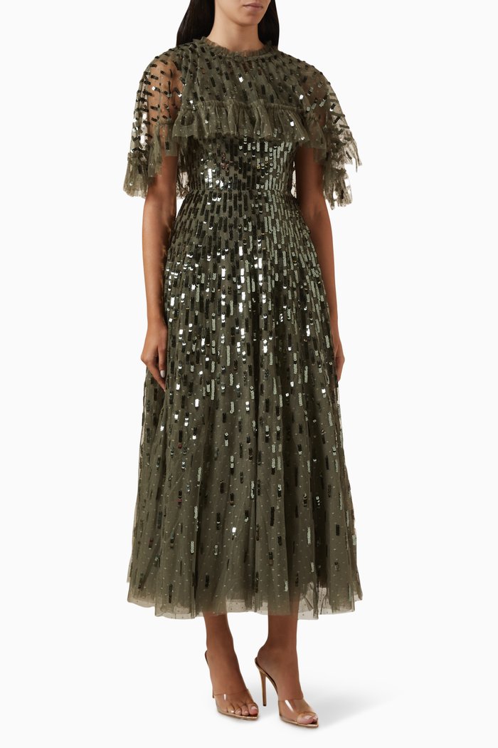 

Sequin Dash Cape Gown in Tulle, Green