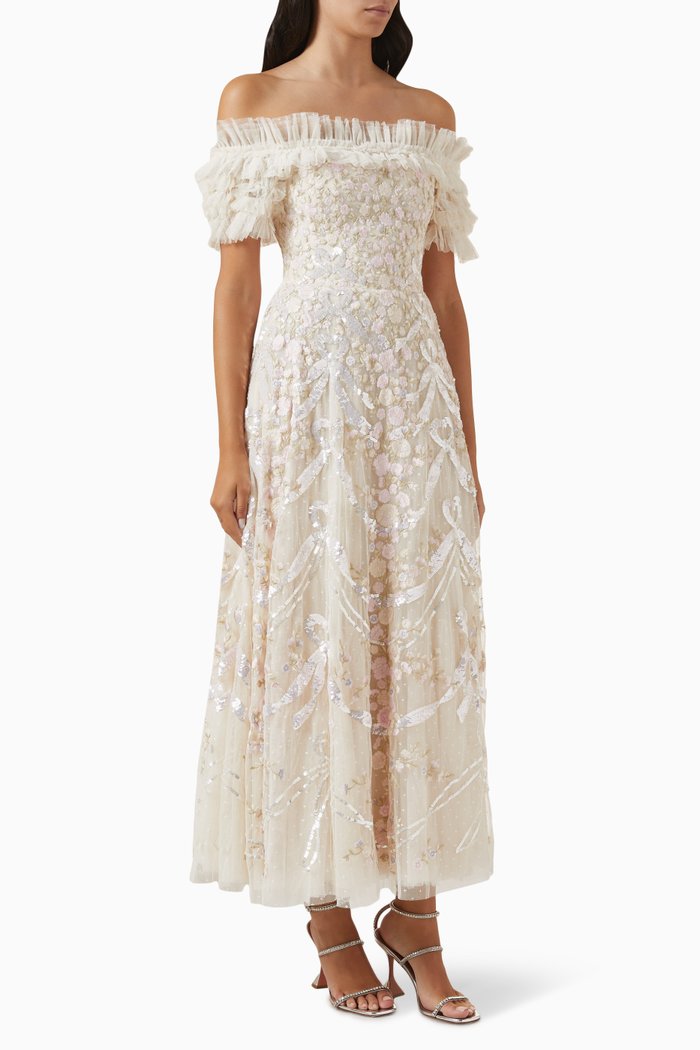 

Embelllished Off-Shoulder Gown in Tulle, Neutral