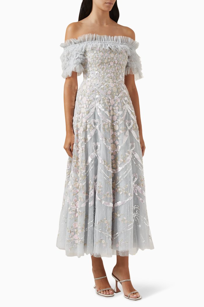 

Embelllished Off-Shoulder Gown in Tulle, Blue