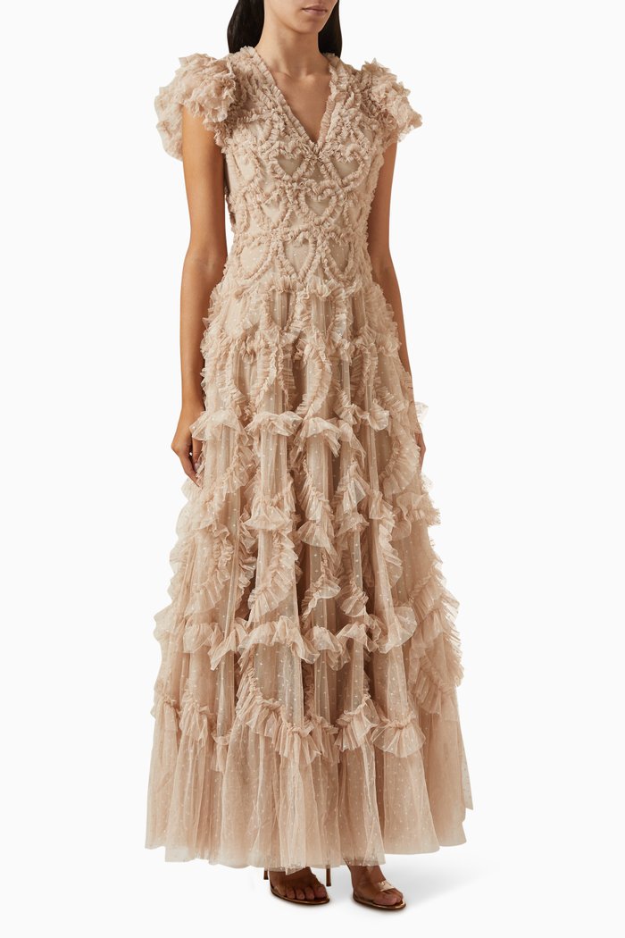 

Amorette V-neck Gown in Tulle, Neutral
