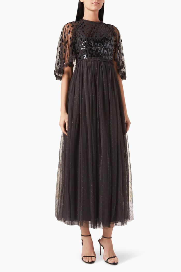 

Sequin Dash Bodice Gown in Tulle, Black