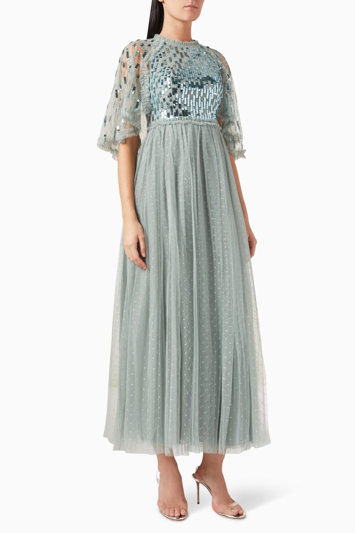 Sequin Dash Bodice Gown in Tulle, Green