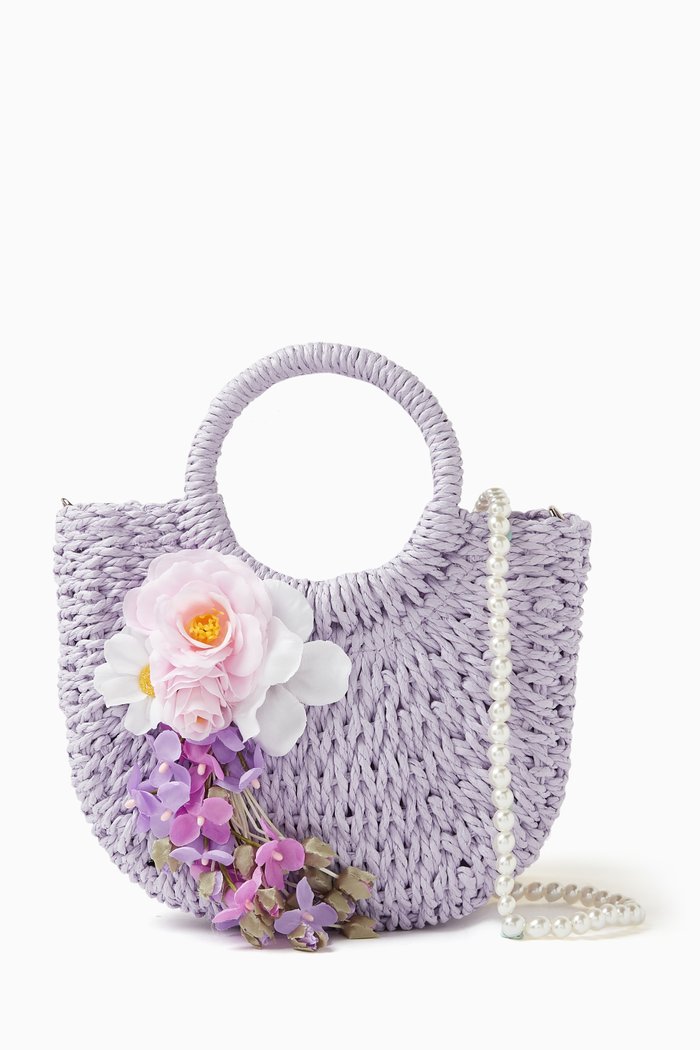 

Floral-appliqué Tote Bag in Raffia, Purple