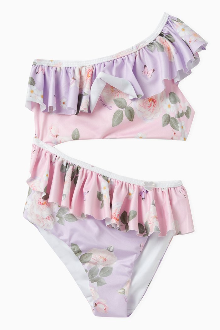 Floral-Print Cutout Swimsuit in Stretch Polyester, Multicolour