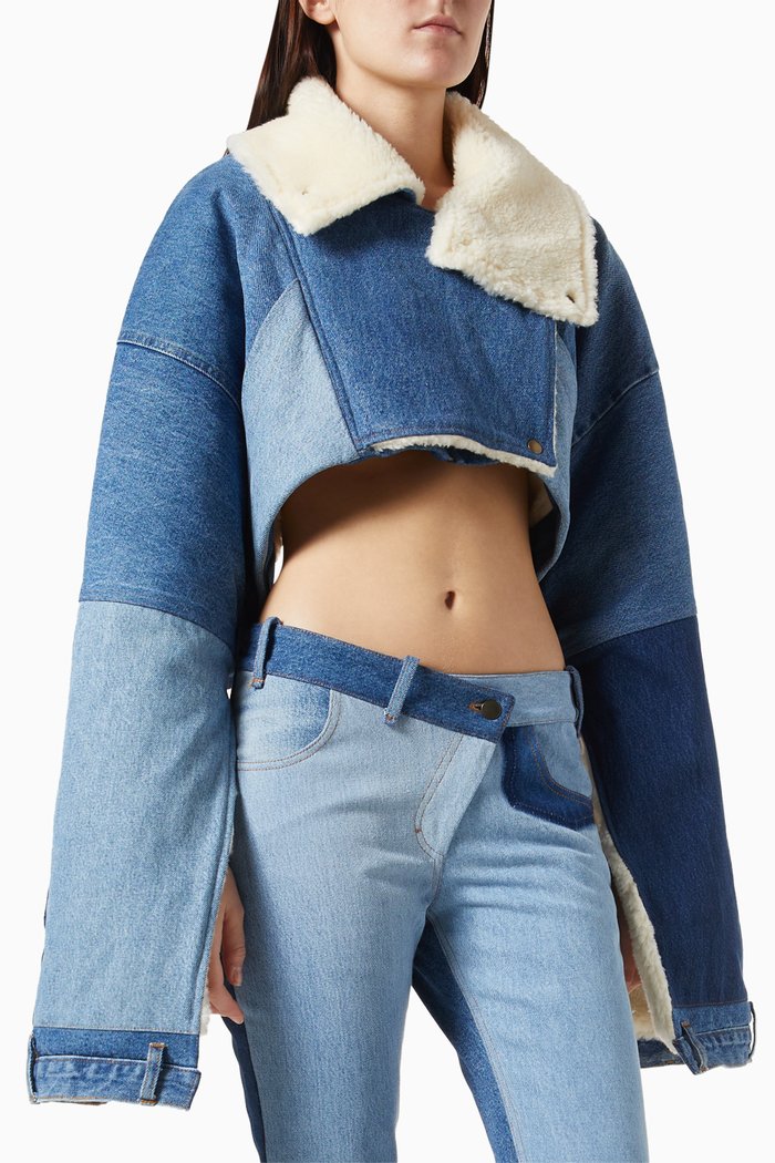

Upcycled Cropped Jacket in Denim & Faux Leather, Blue