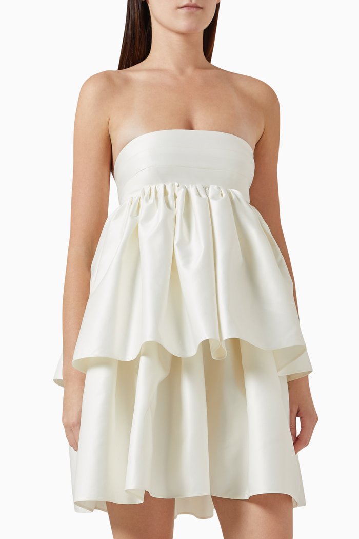 

Ruffled Mini Dress in Twill, Neutral