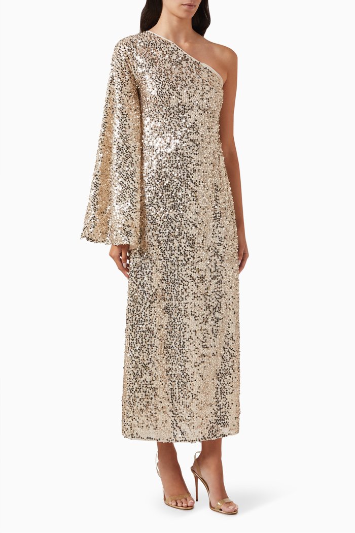 

One-shoulder Sequin Maxi Dress in Recycled Polyester, Neutral